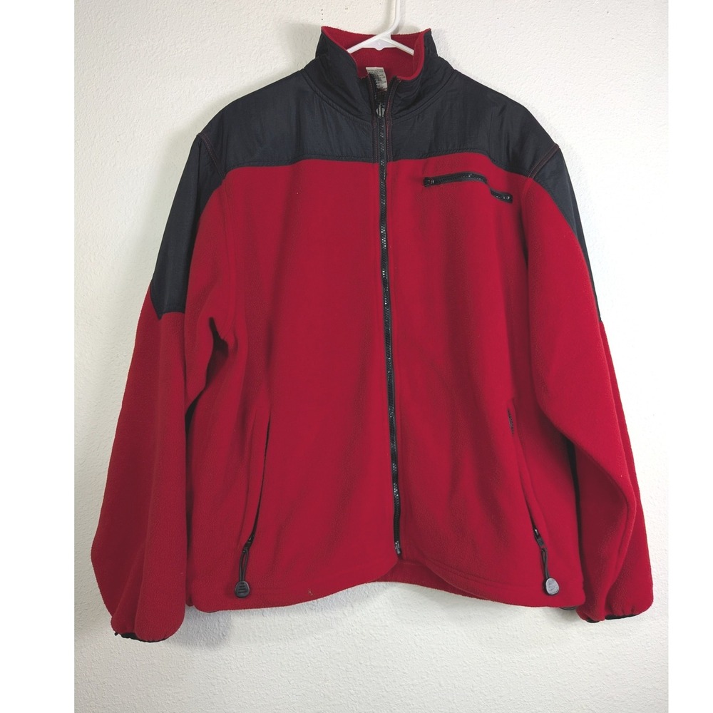 Mens Red Black Colorblock Full Zip Fleece Jacket Medium Nylon Trim Pocket